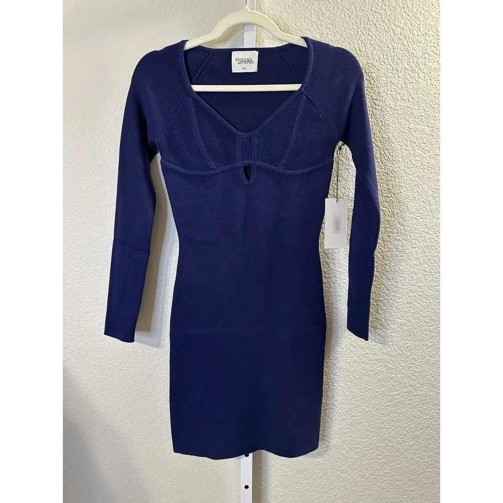 Stitches & Stripes Sapphire Blue Knit Mini Dress Sweetheart Keyhole  S